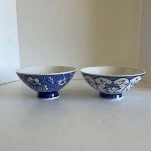Japanese Blue & White Porcelain Rice Soup Bowls Set of 2